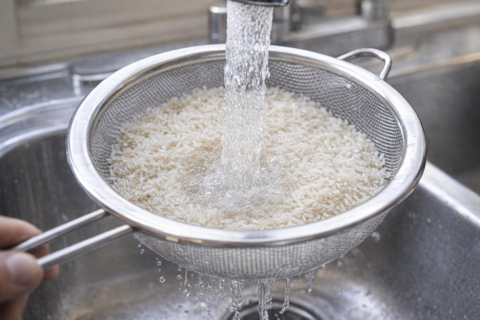 A close-up shot of long-grain white rice being rinsed in a stainless steel fine-mesh sieve under a running faucet, water running clear, bright kitchen lighting